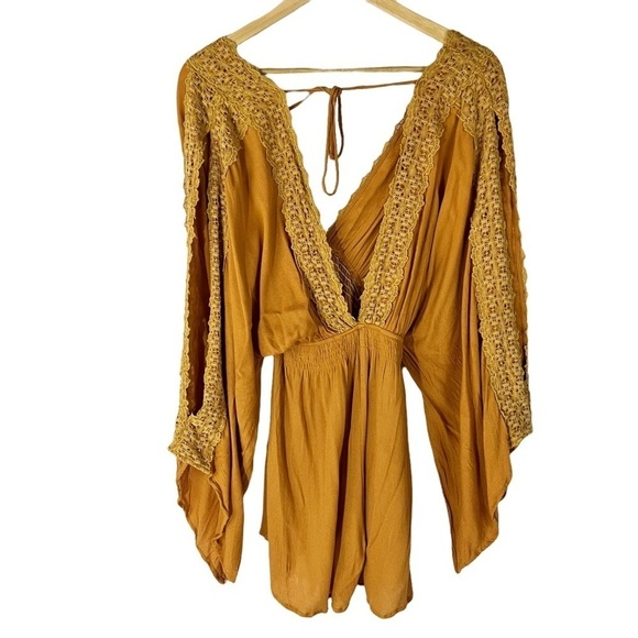 Selfie Leslie Mustard Yellow Lace Romper Boho Bohemian - Picture 2 of 5